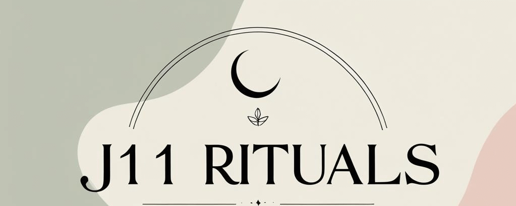 Minimalist logo for J11 Rituals with a botanical and celestial theme on a soft sage, blush, and ivory abstract background.